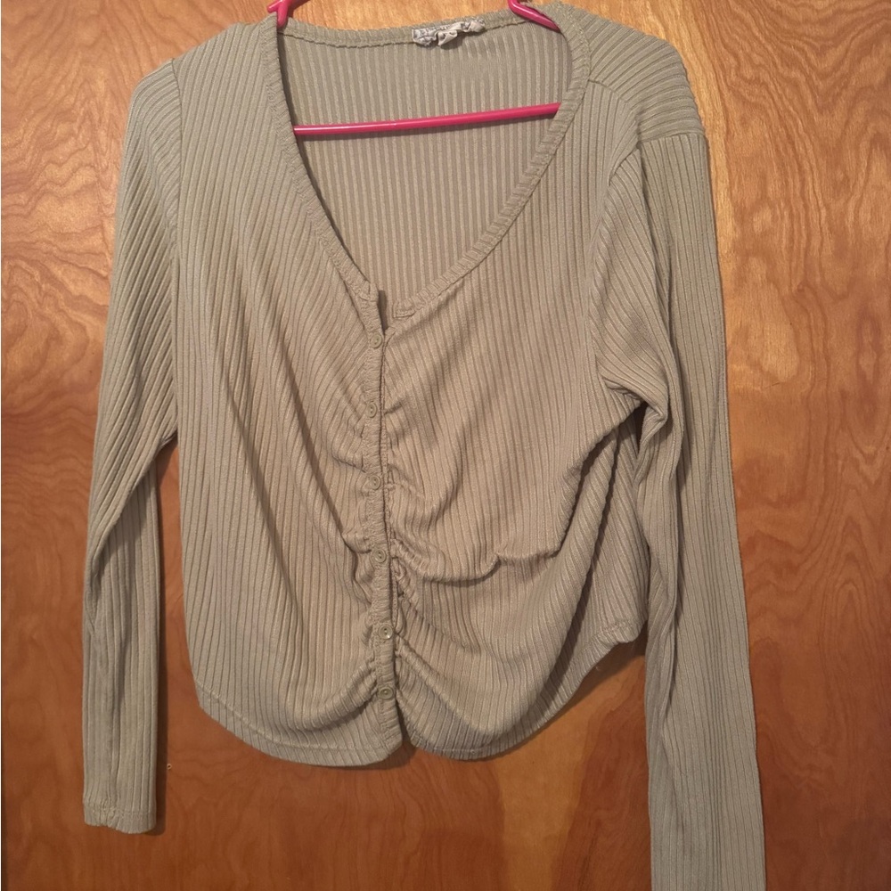 Women's Ribbed Button-Up Top - Olive Green